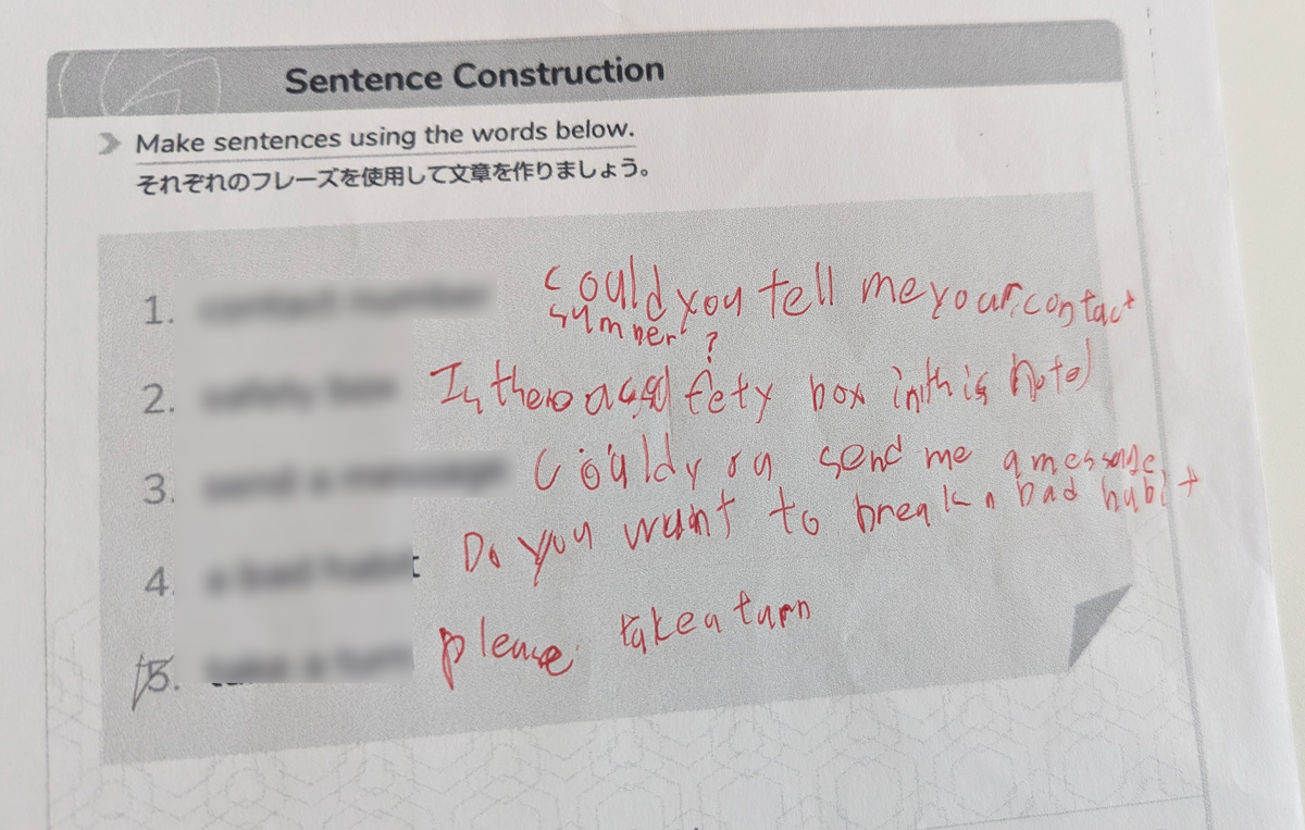 kimini英会話の英検3級Lesson6の予習で息子が初めて書きこんだスライドプリント